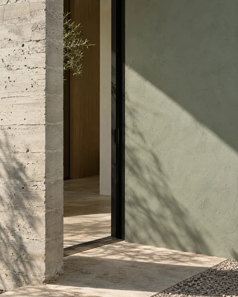 Sunlight across a sage plaster wall and a concrete doorway